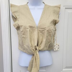 NWT Poof New York Cotton Blend Flutter Sleeve Tie Front Crop Top Fits Like Small